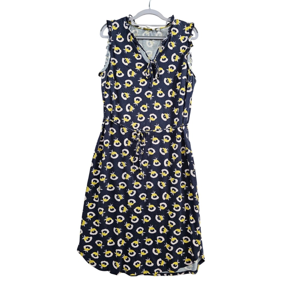 Boden Floral Dress Women Sz 10 Navy Blue Yellow Sleeveless Ruffle Tie Neck Knit